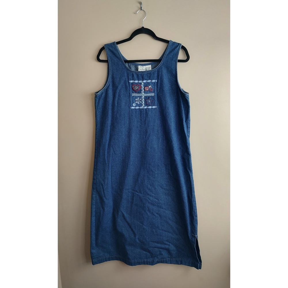 City Blues Denim Pinafore Dress Embroidered Stars Pockets Midi‎ Size Medium